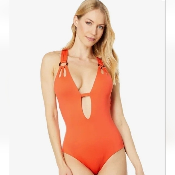 BECCA Color Code Skylar Plunge Orange Swimsuit Size S - Picture 1 of 8